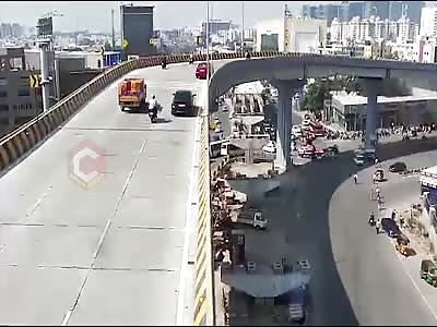 Speeding Car Flies off Flyover Killing Pedestrian Below (3 Angles)