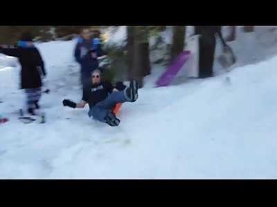 Youth's on sledge....one takes a tree to the head