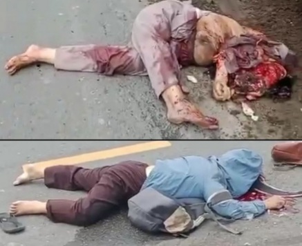 Couple riding moped crashed dead under big loaded truck 