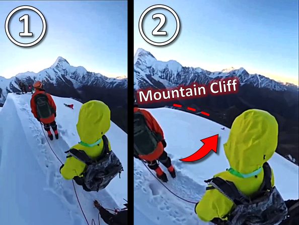 Tourist Slips, Slides, Plunges 5800 m Mountain Cliff