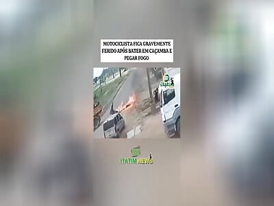 MOTORCYCLE COLLIDES WITH TRUCK AND CATCHES FIRE.
