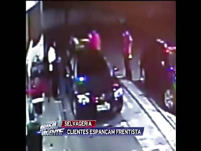 Brutally beating in gas station