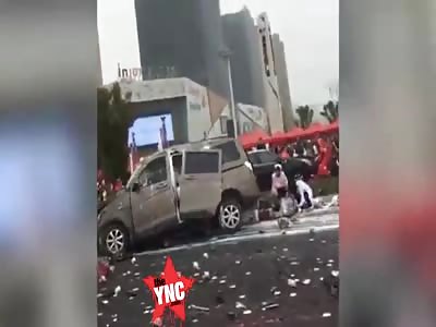 aerial view a white Audi car accident in  Zhangjiagang